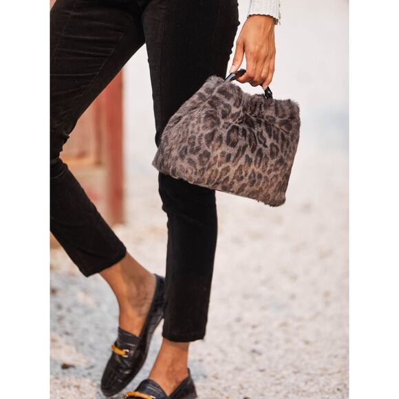 J. McLaughlin Fiona Faux Fur Handbag in Leopard Leather Strap Gold Hardware - Picture 4 of 9